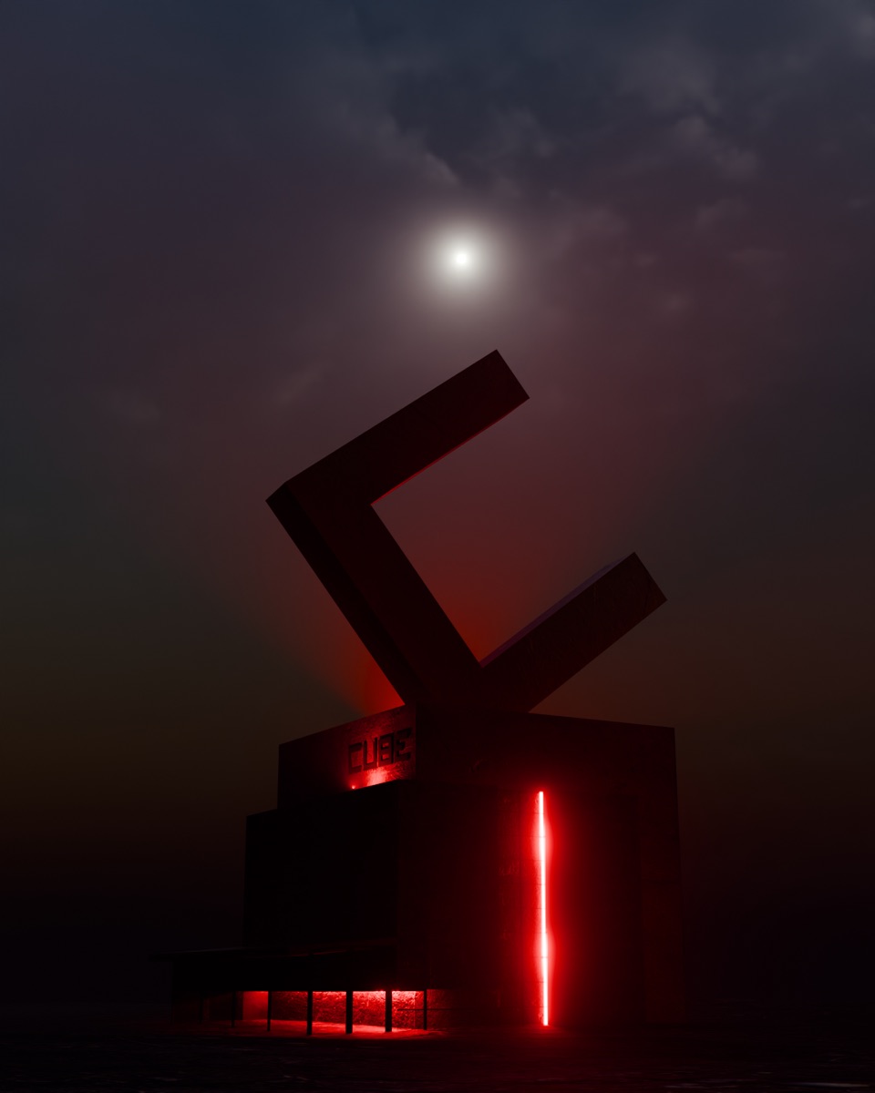 Il Cube Club di notte con il logo illuminato di rosso